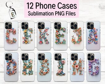12 Custom Phone Case Designs, Sublimation Phone Cases, Floral Letters PNG, iPhone Case Templates, Phone Case Bundle, keychain Sublimation