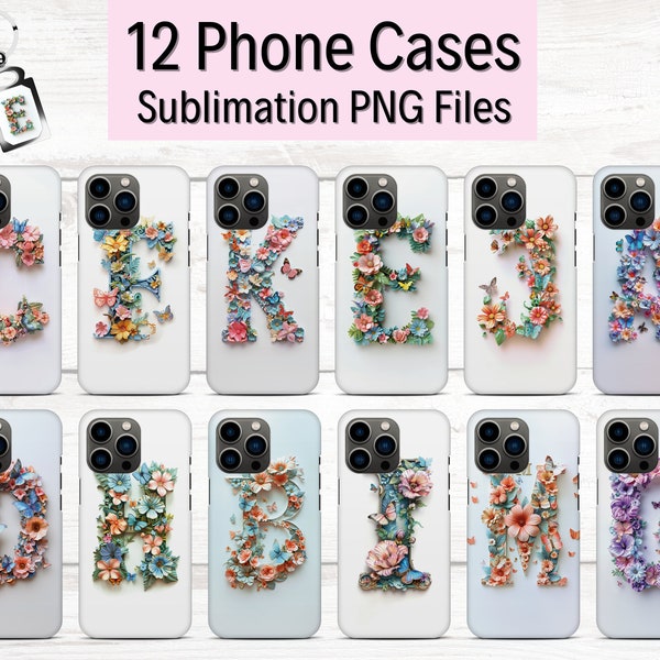 12 Custom Phone Case Designs, Sublimation Phone Cases, Floral Letters PNG, iPhone Case Templates, Phone Case Bundle, keychain Sublimation