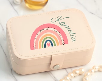 Customized Leather Rainbow Jewellery Box for Kids, Custom Name Travel Jewelry Case for Children, Custom Jewelry Holders for Little Girls