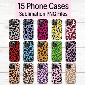 Bunt med 15 leopardfodral för telefon, sublimerat PNG-fodral, utskrivbart telefonfodral, design av iPhone-fodral, mallar för telefonfodral, present till leopardälskare