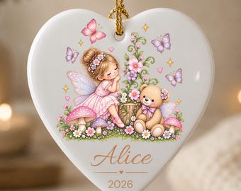 Personalized Fairy Girl Ornament with Name, Custom Kids Girl Ornaments, Fairy Bauble Ceramic , Magical Girl Gifts, Teddy Bear Keepsake