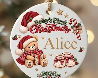 Personalized Newborn Christmas Ornament, New Baby Holiday Gift, Baby First Christmas Bauble, Teddy Bear Xmas Decor, Parents First Xmas Gifts