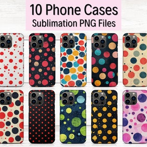 May include: Ten phone cases with different polka dot patterns. The cases are all white with various colored polka dots. The cases are for sublimation printing.
