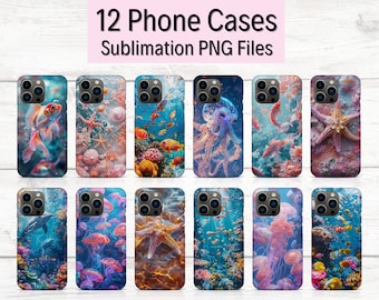 12 Sea Animals Phone Case Bundle Sublimation, Phone Sublimation Template, Custom Design Phone Case, Phone Case Bundle PNG, PNG Phone Cases