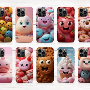 May include: Ten different phone cases with various colorful cartoon designs. Each case features a different food item with a smiling face, including a donut, a strawberry, a cookie, a cupcake, a macaron, and an egg.
