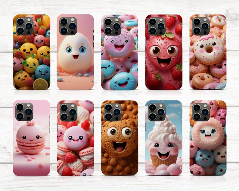 May include: Ten different phone cases with various colorful cartoon designs. Each case features a different food item with a smiling face, including a donut, a strawberry, a cookie, a cupcake, a macaron, and an egg.