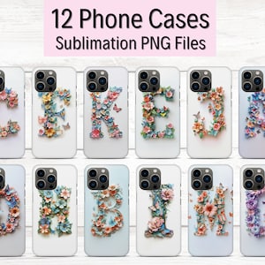 12 benutzerdefinierte Telefonhüllendesigns, Sublimationstelefonhüllen, Blumenbuchstaben PNG, iPhone Hülle Vorlagen, Telefonhüllen Bündel, 3D Telefonhüllen Design