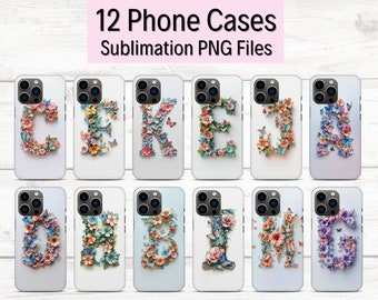 May include: Twelve sublimation phone cases featuring letters of the alphabet decorated with colorful flowers and butterflies. The cases are white with a clear background.