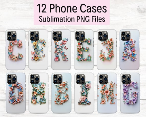 12 Custom Phone Case Designs, Sublimation Phone Cases, Floral Letters PNG, iPhone Case Templates, Phone Case Bundle, 3D Phone case Design