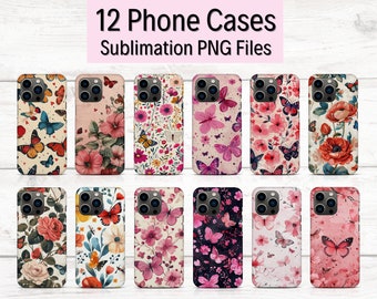 12 bloemen vlinders telefoonhoesjes sublimatie, aangepaste ontwerpen telefoonhoesjes, iPhone-sublimatiehoesjes, telefoonhoesje print png, telefoon png-ontwerpen