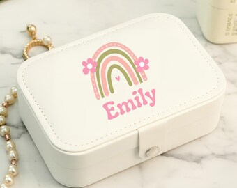 Customized Rainbow Jewelry Box With Name for Girls, Custom Name Travel Jewelry Box for Little Girls, Leather Rainbow Jewelry Case for Kids
