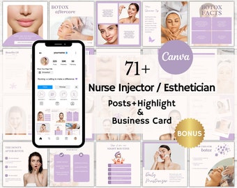 May include: A digital marketing kit for nurse injectors and estheticians. The kit includes 71+ Instagram posts, highlight covers, and a business card template. The kit is designed in a purple and white color scheme with floral accents. The text on the image reads "71+ Nurse Injector/Esthetician Posts + Highlight & Business Card".