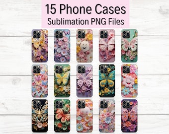 May include: 15 phone cases with sublimation PNG files. The cases feature a variety of designs with butterflies, flowers, and a smiley face. The designs are in shades of pink, purple, blue, green, and yellow.