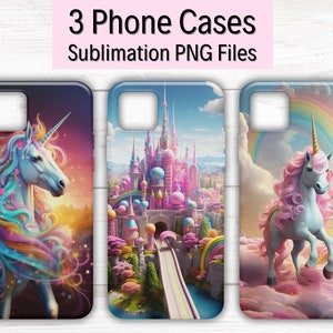 May include: Three phone cases with sublimation designs. The first case features a pink and blue unicorn with a rainbow mane and tail against a sunset background. The second case features a pink and blue castle with a rainbow bridge and a blue sky. The third case features a pink and blue unicorn with a rainbow mane and tail against a cloudy sky.