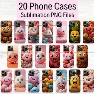 May include: Twenty phone cases with sublimation designs. The cases feature various cute cartoon characters and designs, including donuts, cupcakes, strawberries, pineapples, and more. The cases are all white with a clear background.