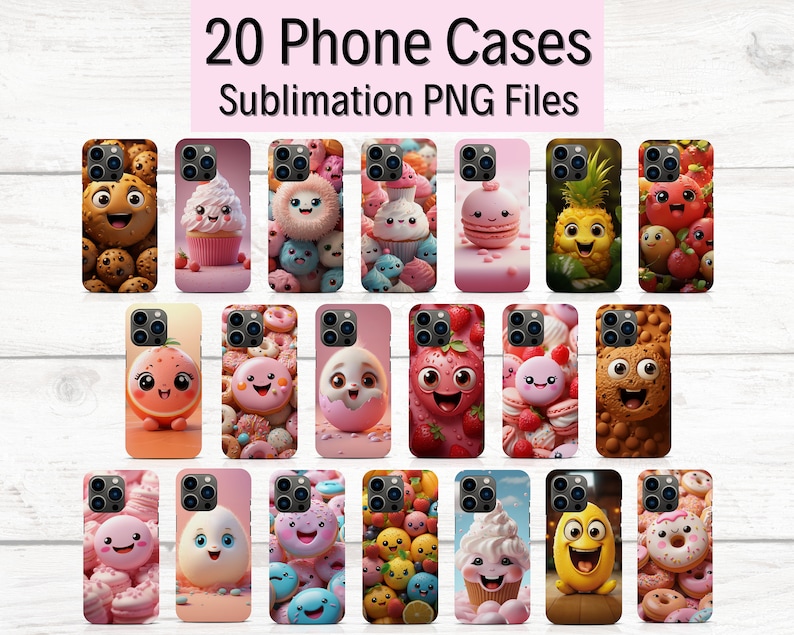 May include: Twenty phone cases with sublimation designs. The cases feature various cute cartoon characters and designs, including donuts, cupcakes, strawberries, pineapples, and more. The cases are all white with a clear background.