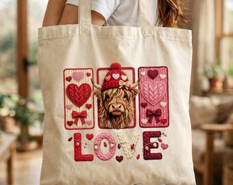 Faux Crochet Highland Cow Tote Bag, Cow Print Tote Bag, Coquette Love Canvas Bag, Farm Animal Tote, Cow Lover Gift