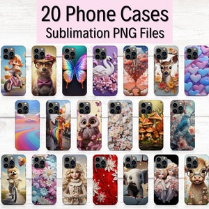 Puede incluir: Veinte fundas de teléfono con diseños de sublimación. Los diseños incluyen una variedad de imágenes coloridas y caprichosas, como una mariposa, un ciervo, un perro, un búho y una flor.