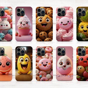 May include: Ten different phone cases with cute cartoon designs. The designs include a pineapple, a donut, a cupcake, a strawberry, an egg, a cookie, a macaron, an orange, and a lemon. The cases are all pink and white with a black camera lens.