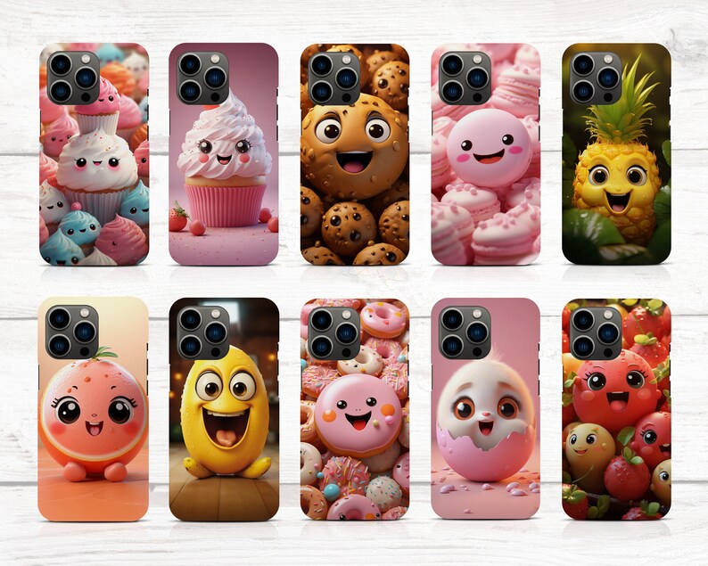 May include: Ten different phone cases with cute cartoon designs. The designs include a pineapple, a donut, a cupcake, a strawberry, an egg, a cookie, a macaron, an orange, and a lemon. The cases are all pink and white with a black camera lens.
