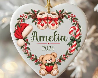 Customized First Baby Christmas Ornament, Custom Newborn Xmas Gift, New Baby Christmas Bauble, Teddy Bear Tree Decor, Newborn Holiday Gifts