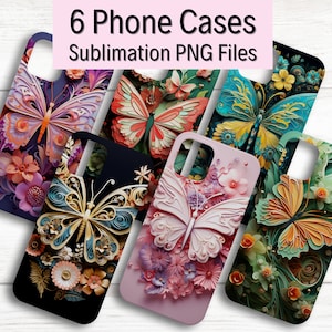 Puede incluir: Seis fundas de teléfono con diseños de sublimación que presentan mariposas coloridas y patrones florales. Las fundas son de diferentes colores y tienen una variedad de diseños.