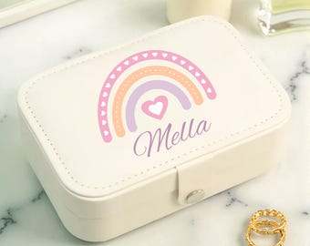 Customized Leather Rainbow Jewellery Box, Custom Jewelry Organizer for Kid Girl, Travel Jewelry Case for Little Girl, Cute Gift for Children