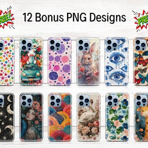 May include: Twelve different iPhone case designs featuring various illustrations. The designs include a starry sky, a cow in a car, polka dots, a rabbit, an eye, butterflies, a crescent moon, a woman with flowers, a rainbow, a swan, flowers, and a giraffe.