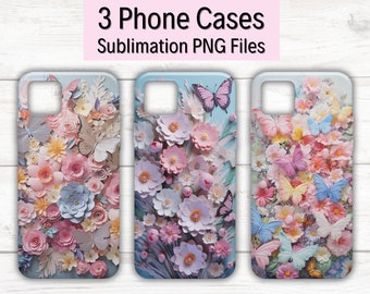 iPhone-sublimatiehoesje, 3D-bloemen vlinder, png, telefoonsublimatieontwerp, telefoonhoesjessjablonen, pastelkleurige telefoonhoes, 3D-print telefoonhoesje