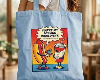 Retro Funny Hot Dog Valentine Tote Bag, Funny Foodie Valentine Gift, Hot Dog Lover Gifts, Sarcastic Valentine Gift, Foodie Tote Bag