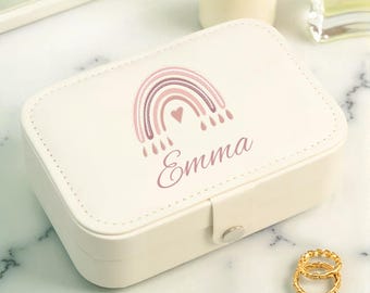 Personalized Leather Rainbow Jewellery Box, Travel Jewelry Case for Teen Girls, Custom Mini Jewelry Holder, Jewelry Box Gift for Girl