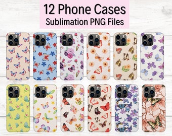 12 vlindertelefoonhoesjes sublimatie, ontwerpen telefoonhoesjes, telefoonhoesje print png-bestand, sjablonen telefoonhoesje, iPhone-hoesbundel, vlindercadeau, vlindercadeau png