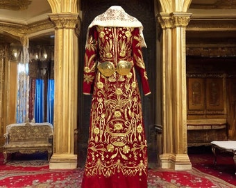 Ottoman Brocade Embroidered Velvet Bindalli Dress. Traditional Turkish Wedding Dress with Bindalli Brocade Embroidery . Traditonal Clothes.