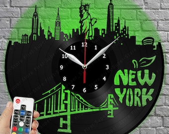 New York Vinyl Clock with LED Light Vinyl Wall Clock Art Home Decor City Vinyl Record Wall Clock Original gift Black 12" 30cm