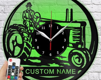 Nom personnalisé Farmer Clock avec LED Light Wall Clock Art Decor Home Light Vinyl Record Clock Vinyl Clock Tracteur Nom personnalisé Design