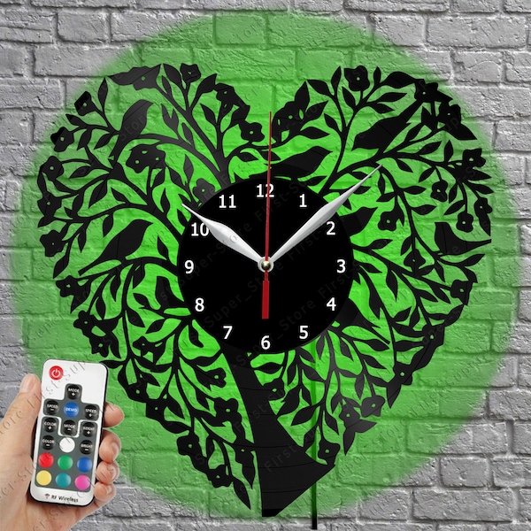 Valentinstag Herz Vinyl Uhr mit LED-Licht Vinyl Wanduhr Kunst Wohnkultur Liebe Baum Licht Schallplatte Uhr Design Original Geschenk