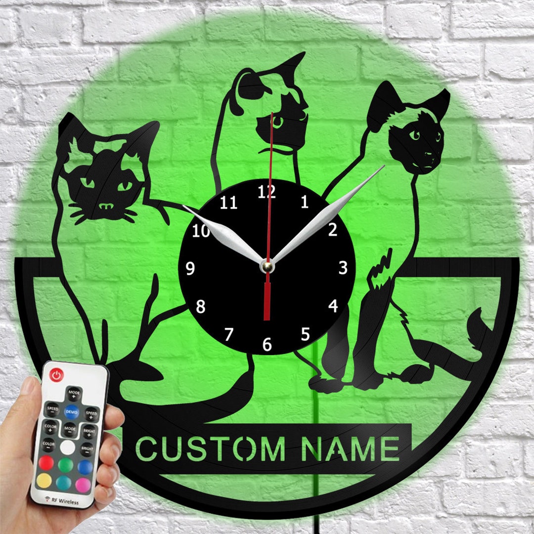 Siamese Cat Clock With LED Light Wall Clock Art Decor Light Vinyl