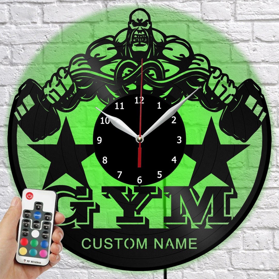 Custom GYM Clock With LED Light Wall Clock Art Home Decor Light Vinyl