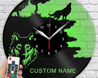 Wolf Custom Name Vinyl Clock with LED Light Vinyl Wall Clock Art Home Decor Light Vinyl Record Clock Animal Сlock Personalized Name Design