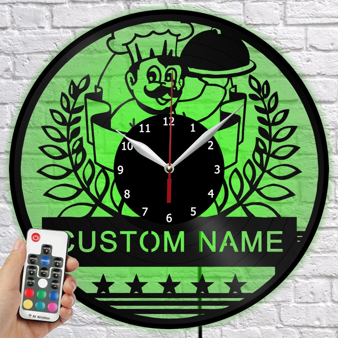Chef Custom Name Clock With LED Light Vinyl Wall Clock Kitchen Clock