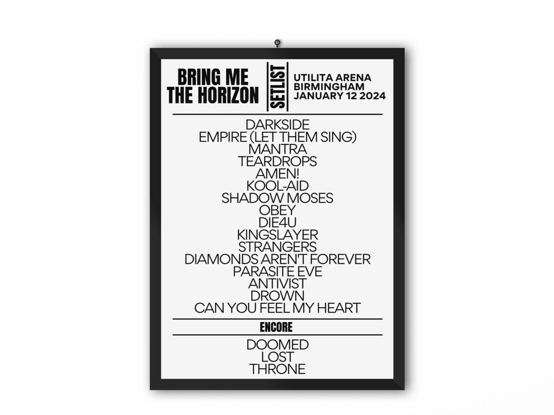 Bring Me The Horizon Setlist Birmingham January 2024 sold by Paralyzed