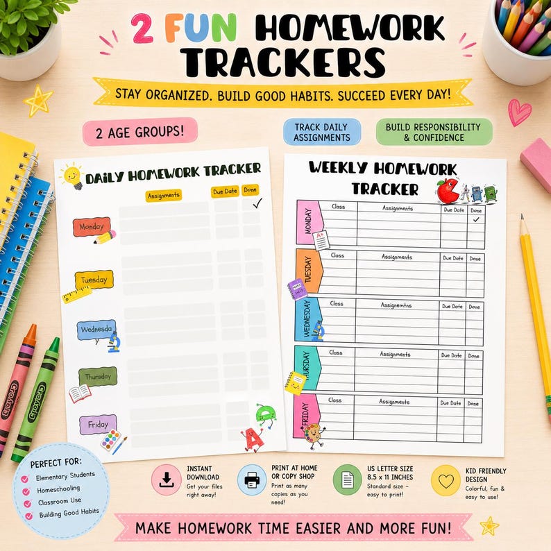 Printable Homework Tracker, Daily Weekly Assignment Planner (PDF ...