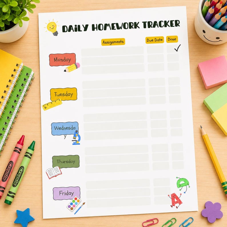 Printable Homework Tracker, Daily Weekly Assignment Planner (PDF ...