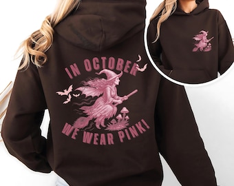 Sudadera con capucha de bruja rosa personalizada, concientización sobre el cáncer de mama, regalo de Halloween
