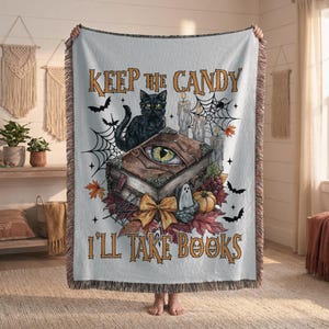 Zainspirowany kocem tkanym Hocus Pocus, kocem książkowym, kocem "Zachowaj słodycze, wezmę książki", kocem czarownicy, wystrojem na Halloween