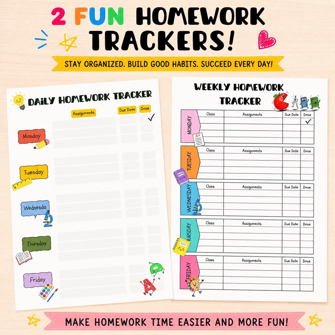 Printable Homework Tracker, Daily Weekly Assignment Planner (PDF ...