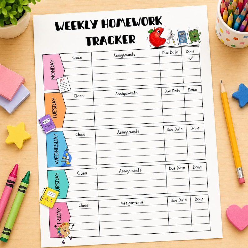 Printable Homework Tracker, Daily Weekly Assignment Planner (PDF ...