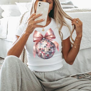 Baby Tee Coquette New Year 2025 Disco Ball - Pink Bow Celebration Shirt, Women&#39;s Clothing, Cute Top, Gift for Her, Party Attire