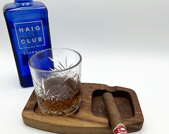French Oak Wood Cigar Ash Tray And Whiskey Glass Holder Cigar Whisky Lover Groomsman Gift Whisky And Cigar Tray Cigar Accessories