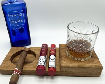 French Oak Wood Cigar Ash Tray And Whiskey Glass Holder Cigar Whisky Lover Groomsman Gift Whisky And Cigar Tray Cigar Accessories